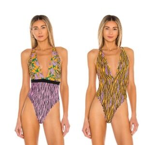 MAAJI Fierce Flow Rainbow reversible animal print plunge one piece swimsuit Sz S